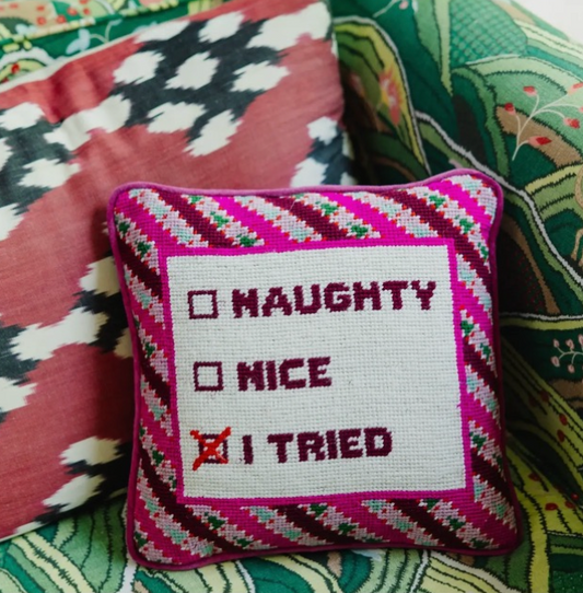 Naughty, Nice, Trying Needlepoint Pillow